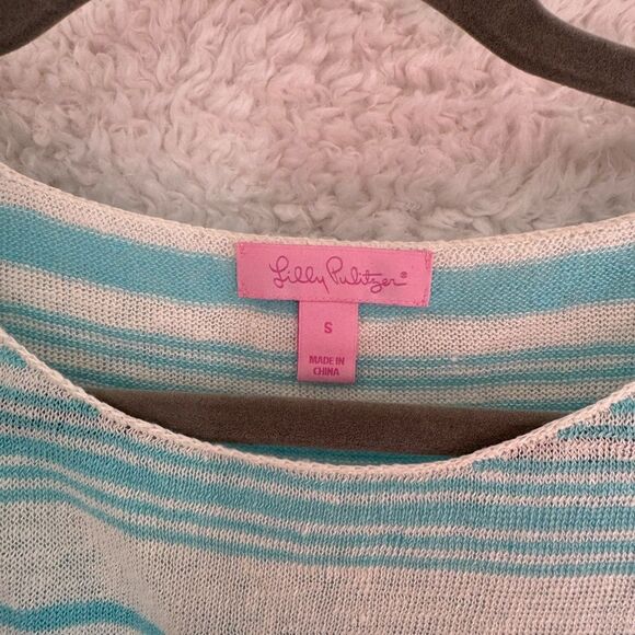 small- Lilly Pulitzer Teal and white Striped Long Sleeve Top linen sweater - Picture 2 of 8